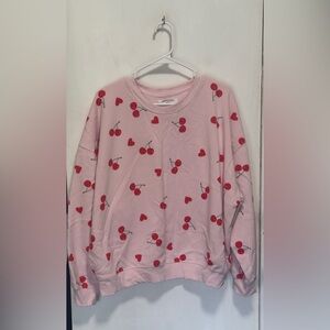 Pink Cherry Print Women's Sweatshirt Sweater and Pants